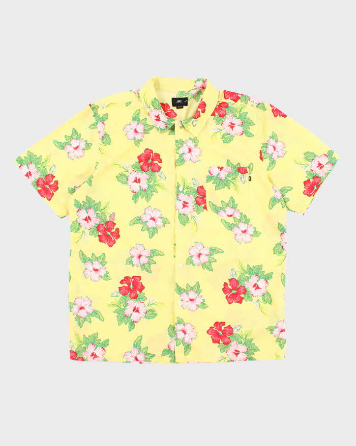 Vintage 2000s Obey Yellow Hibiscus Flower Pattern Hawaiian Shirt - L