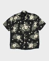Vintage 90s Black Hibiscus Flower Pattern Hawaiian Shirt - M