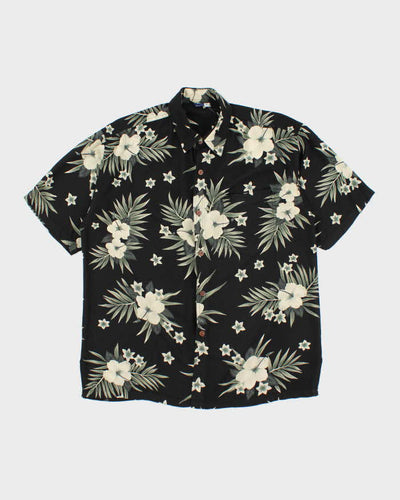 Vintage 90s Black Hibiscus Flower Pattern Hawaiian Shirt - M