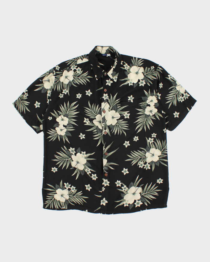 Vintage 90s Black Hibiscus Flower Pattern Hawaiian Shirt - M