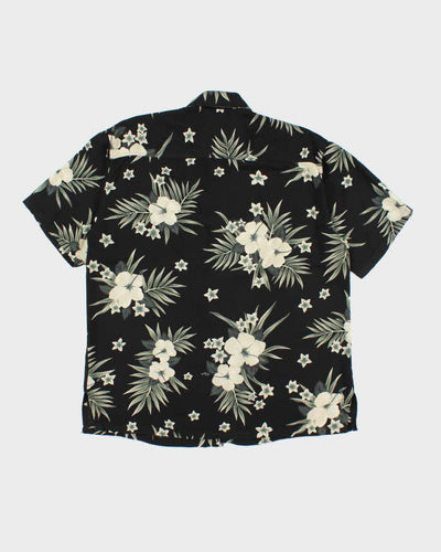 Vintage 90s Black Hibiscus Flower Pattern Hawaiian Shirt - M