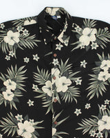 Vintage 90s Black Hibiscus Flower Pattern Hawaiian Shirt - M