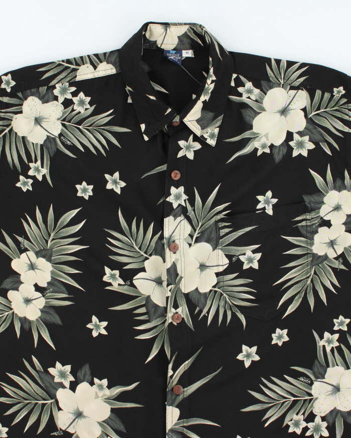 Vintage 90s Black Hibiscus Flower Pattern Hawaiian Shirt - M