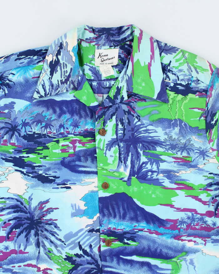 Kona Sportswear Blue Beach Pattern Hawaiian Shirt - L