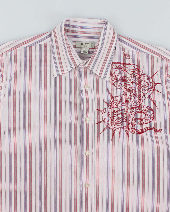 Vintage Y2K Guess Embroidered Striped Short Sleeve Shirt - M