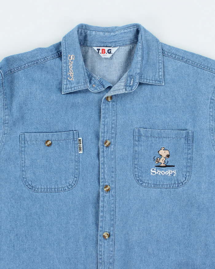 Vintage 90's Snoopy Embroidered Medium Wash Denim Shirt - S