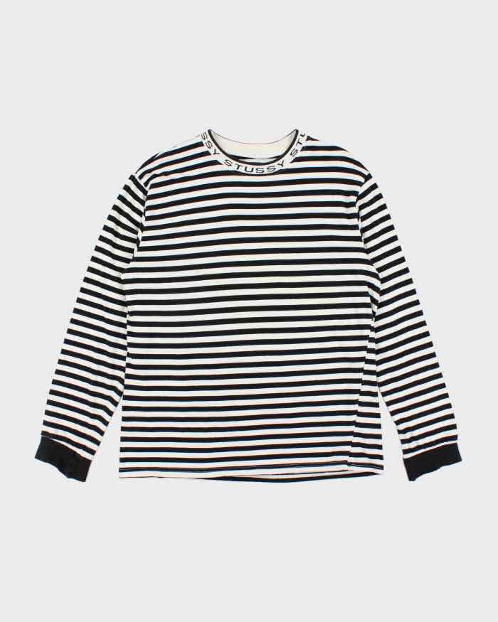 Men's Stussy Black and White Striped Cotton Shirt - L