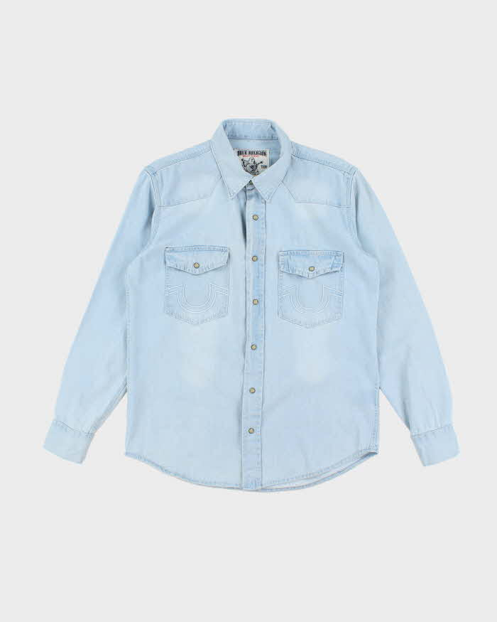 Vintage Y2K True Religion Ultra Light Wash Snap Button Denim Shirt - XL
