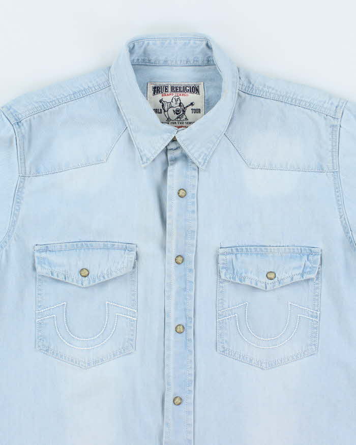 Vintage Y2K True Religion Ultra Light Wash Snap Button Denim Shirt - XL