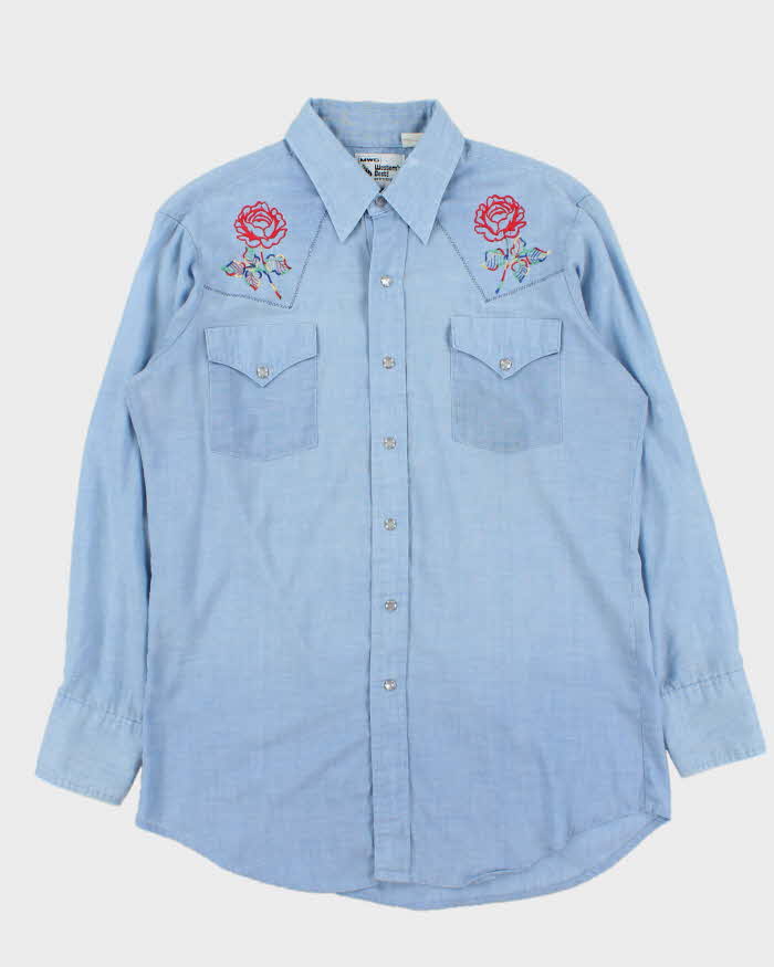 Vintage 1980s Pale Blue MWG Floral Embroidered Western Long Sleeve Shirt - XL