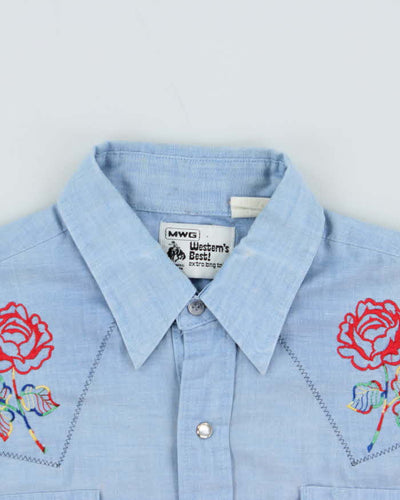 Vintage 1980s Pale Blue MWG Floral Embroidered Western Long Sleeve Shirt - XL