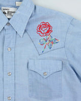Vintage 1980s Pale Blue MWG Floral Embroidered Western Long Sleeve Shirt - XL