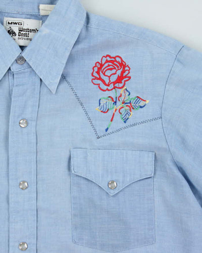 Vintage 1980s Pale Blue MWG Floral Embroidered Western Long Sleeve Shirt - XL