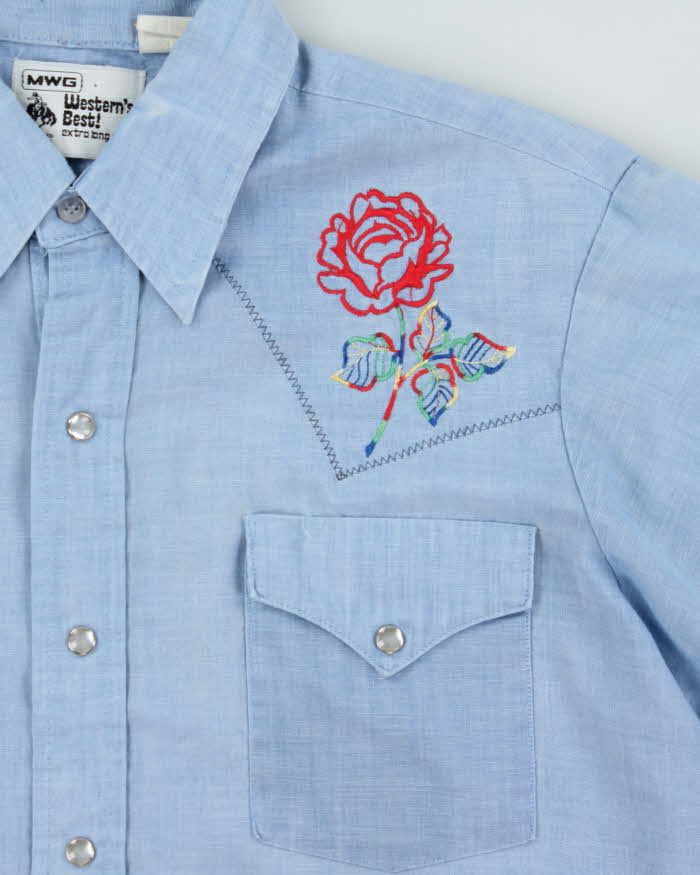 Vintage 1980s Pale Blue MWG Floral Embroidered Western Long Sleeve Shirt - XL