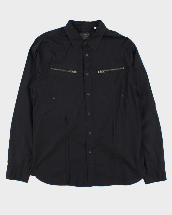 Vintage Y2K Guess Black Snap Button Zip Pocket Long Sleeve Shirt - L