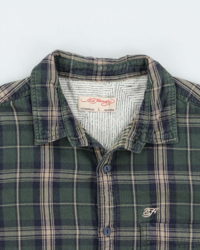 Vintage Y2K 00s Ed Hardy Gingham Lined Plaid Long Sleeve Flannel Shirt - L