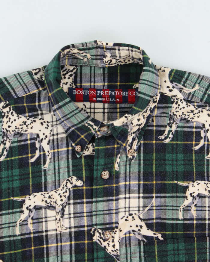 Vintage 1990s Boston Prepatory Co. Tartan Dalmatian Long Sleeve Flannel Shirt - M