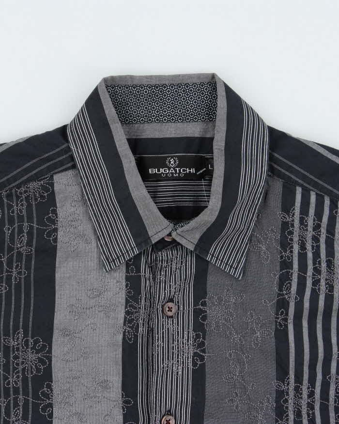 Vintage Y2K 00s Bugatchi Floral Embroidered Striped Long Sleeve Shirt - L