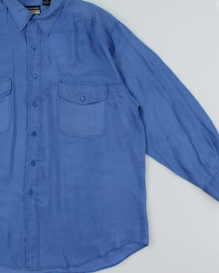 Vintage 1990s Steel Blue Silk Long Sleeve Shirt - L
