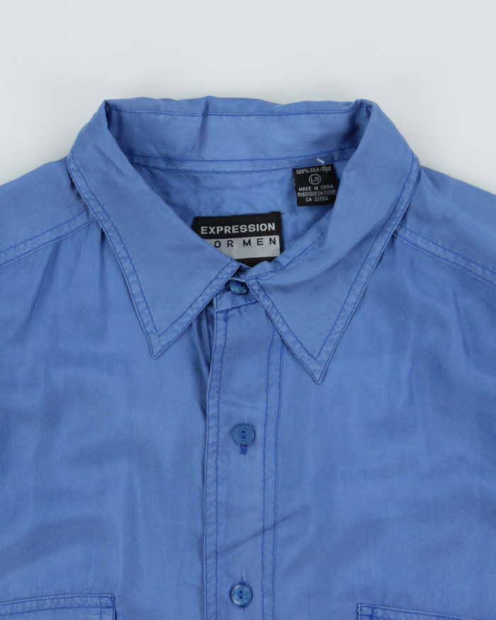 Vintage 1990s Steel Blue Silk Long Sleeve Shirt - L