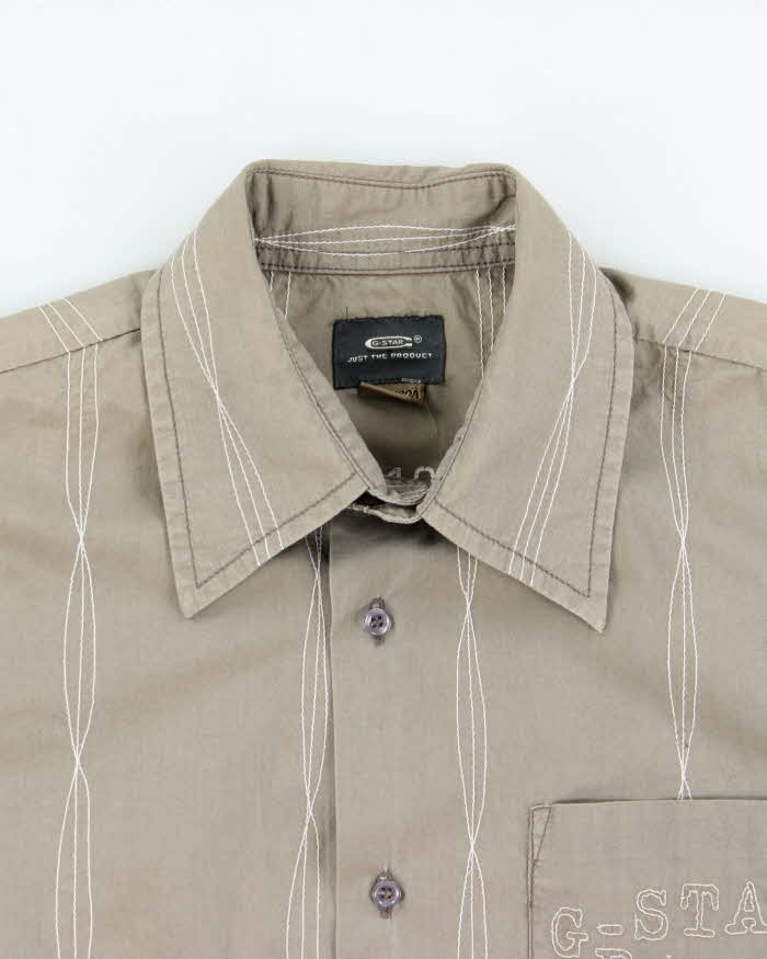 Vintage Y2K 00s G-Star Raw Khaki Striped Contrast Stitch Short Sleeve Shirt - S