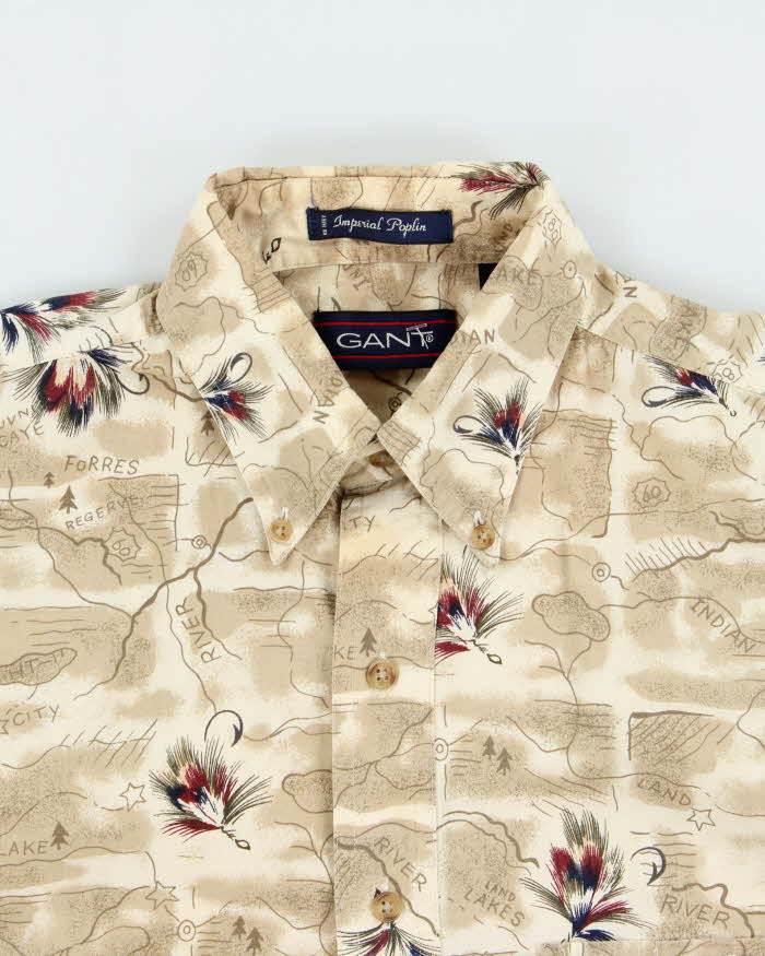 Vintage 1990s Gant Imperial Poplin Map Graphic Long Sleeve Shirt - M