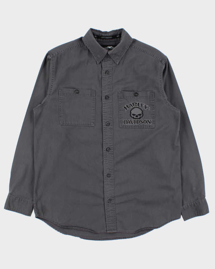 Vintage Harley Davidson Embroidered Long Sleeve Denim Biker Shirt - M