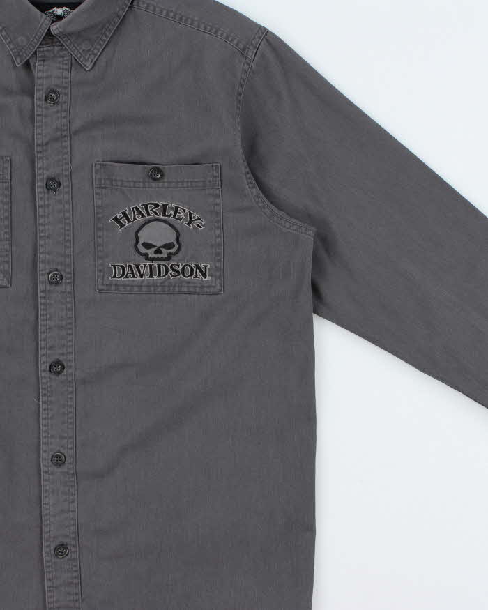 Vintage Harley Davidson Embroidered Long Sleeve Denim Biker Shirt - M