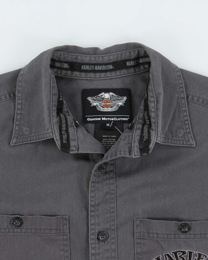 Vintage Harley Davidson Embroidered Long Sleeve Denim Biker Shirt - M