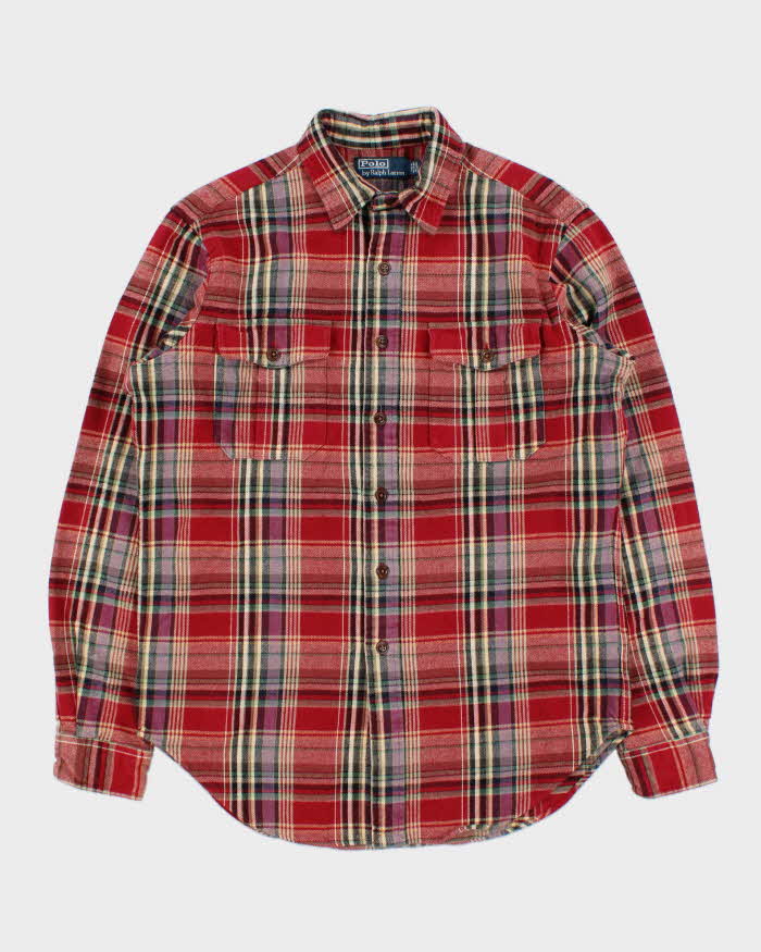 Vintage Y2K 00s Polo Ralph Lauren Heavyweight Plaid Suede Patch Long Sleeve Flannel Shirt - M