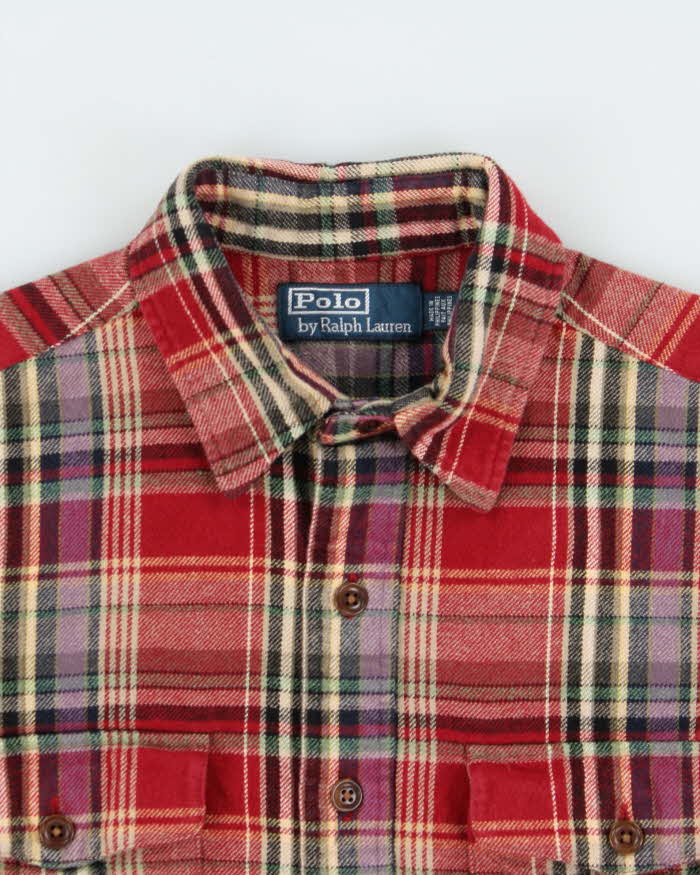 Vintage Y2K 00s Polo Ralph Lauren Heavyweight Plaid Suede Patch Long Sleeve Flannel Shirt - M