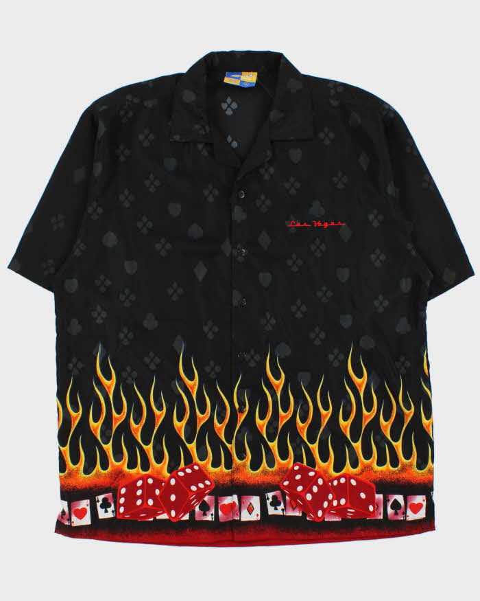 Vintage Y2K 00s XNT Las Vegas Poker Flames Cuban Collar Short Sleeve Shirt - XL