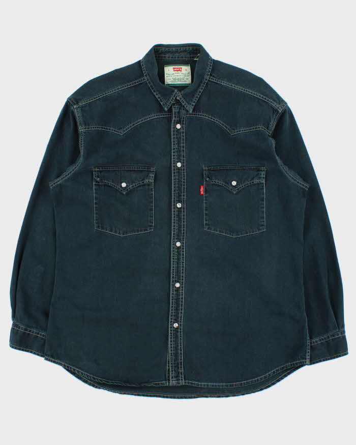 Vintage 1990s Levi's Heavyweight Washed Dark Denim Pearl Snap Button Long Sleeve Western Shirt - L