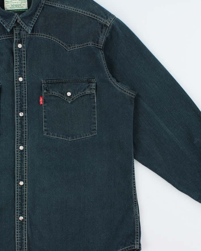 Vintage 1990s Levi's Heavyweight Washed Dark Denim Pearl Snap Button Long Sleeve Western Shirt - L