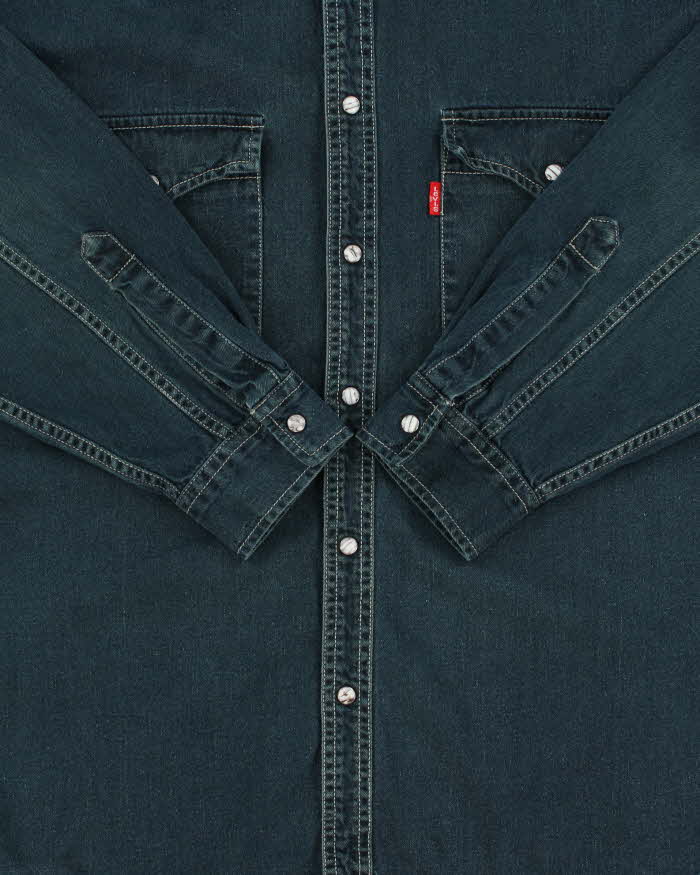 Vintage 1990s Levi's Heavyweight Washed Dark Denim Pearl Snap Button Long Sleeve Western Shirt - L