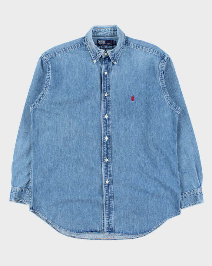 Vintage 1980s Polo Ralph Lauren Heavyweight Light Wash Long Sleeve Denim Shirt - M
