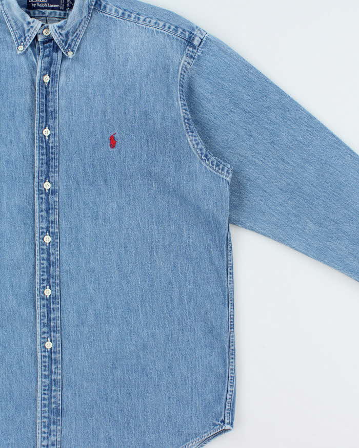 Vintage 1980s Polo Ralph Lauren Heavyweight Light Wash Long Sleeve Denim Shirt - M