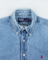 Vintage 1980s Polo Ralph Lauren Heavyweight Light Wash Long Sleeve Denim Shirt - M