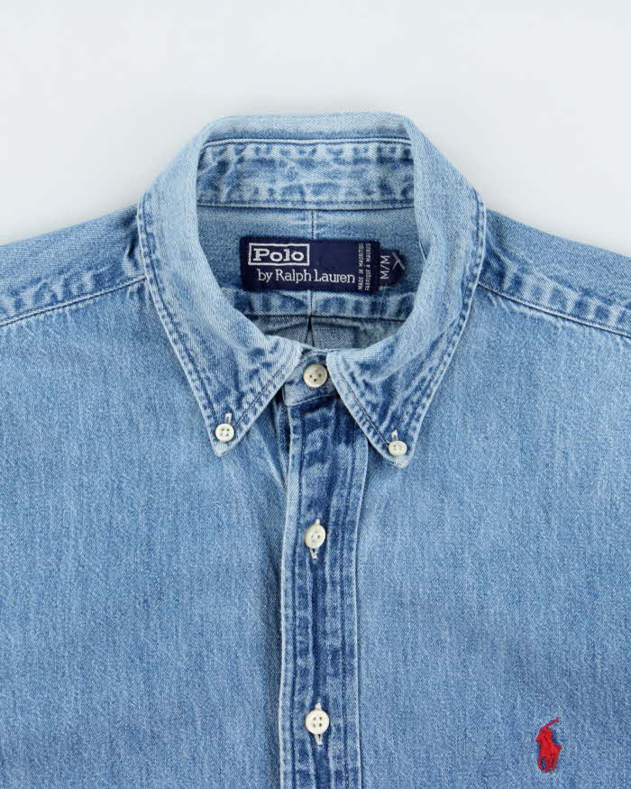 Vintage 1980s Polo Ralph Lauren Heavyweight Light Wash Long Sleeve Denim Shirt - M