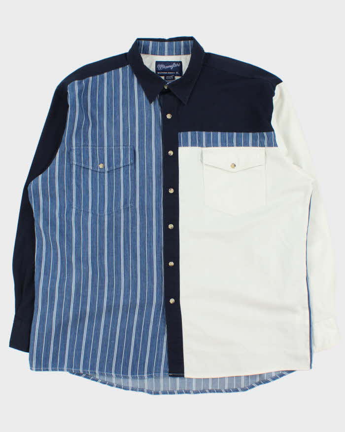 Vintage 1990s Wrangler Striped Patch Denim Pearl Snap Button Long Sleeve Western Shirt - XL