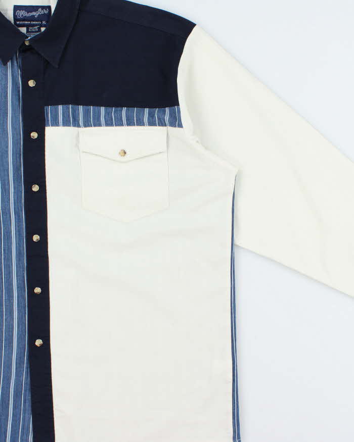 Vintage 1990s Wrangler Striped Patch Denim Pearl Snap Button Long Sleeve Western Shirt - XL