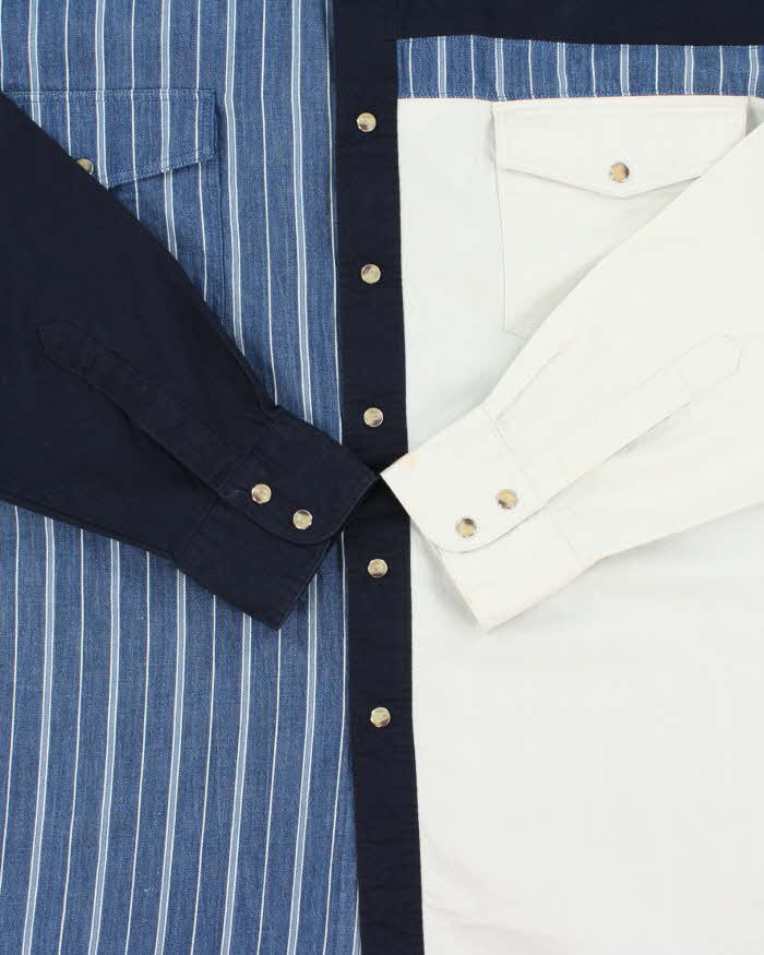Vintage 1990s Wrangler Striped Patch Denim Pearl Snap Button Long Sleeve Western Shirt - XL