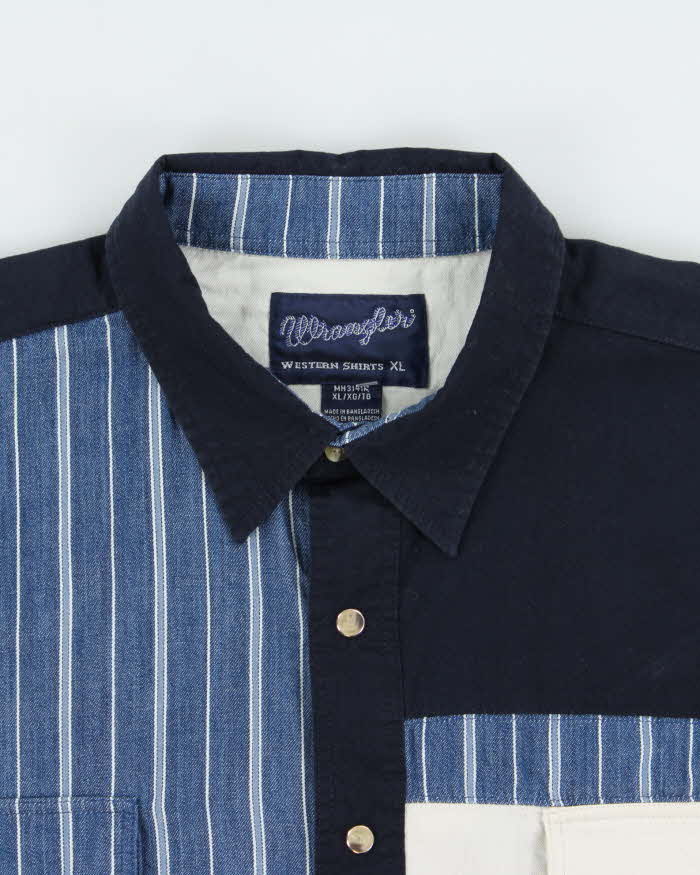 Vintage 1990s Wrangler Striped Patch Denim Pearl Snap Button Long Sleeve Western Shirt - XL