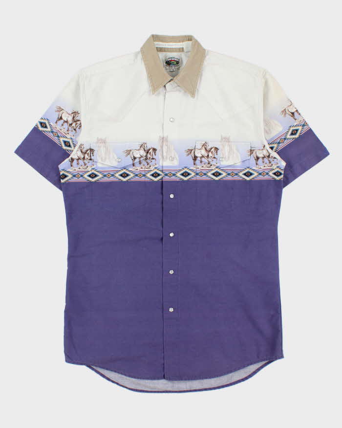 Vintage 1990s Cumberland Outfitters Gradient Pearl Snap Button Aztec Short Sleeve Western Shirt - M