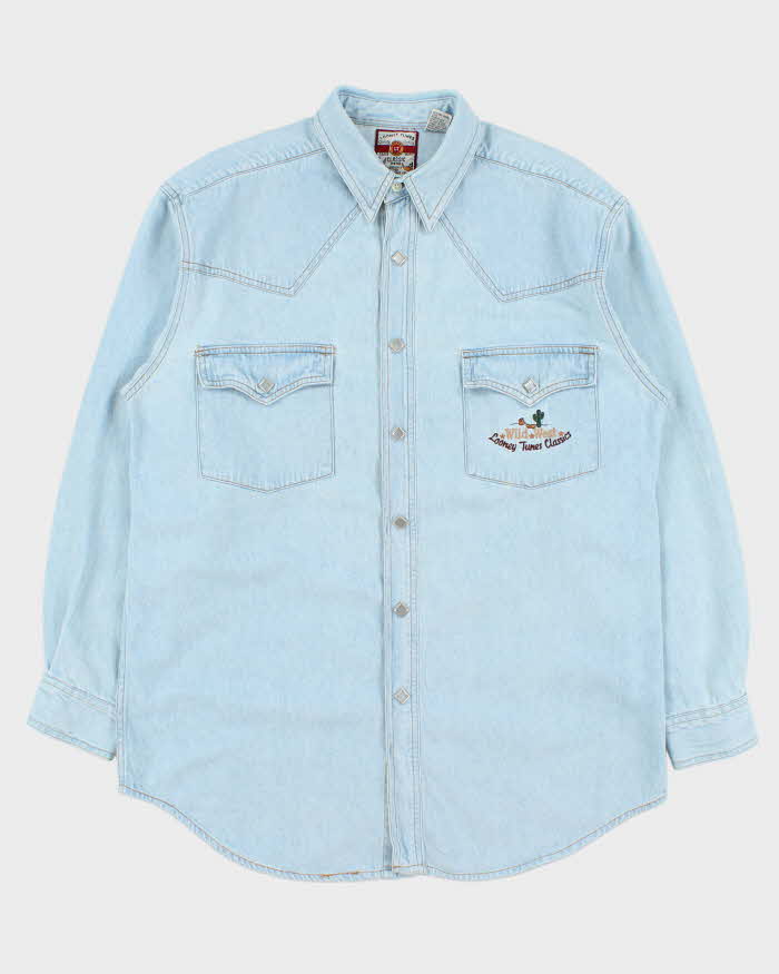 Vintage 1990s Warner Brothers Looney Tunes Wild West Snap Button Denim Shirt - M