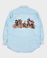 Vintage 1990s Warner Brothers Looney Tunes Wild West Snap Button Denim Shirt - M