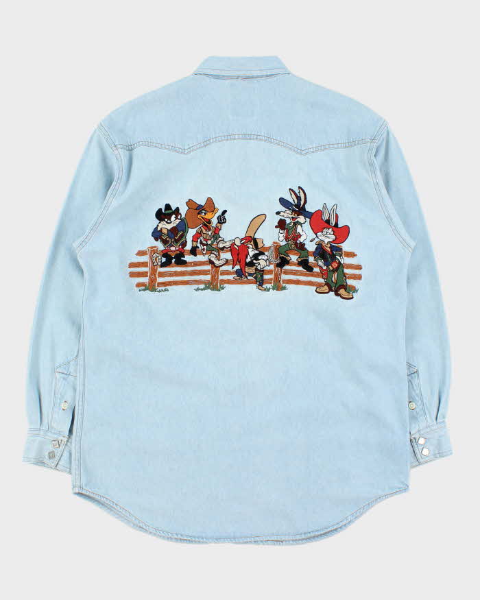 Vintage 1990s Warner Brothers Looney Tunes Wild West Snap Button Denim Shirt - M