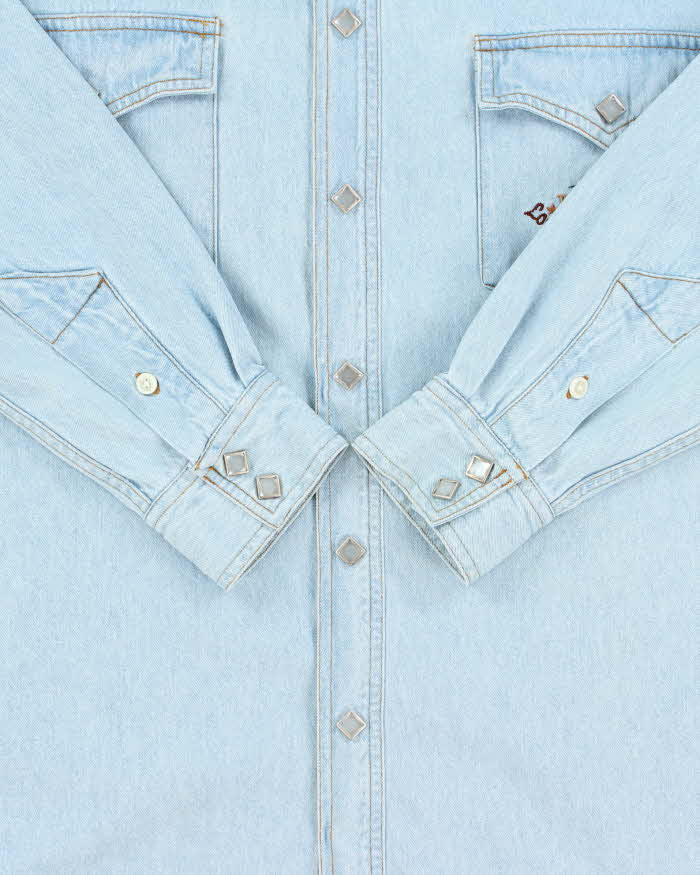 Vintage 1990s Warner Brothers Looney Tunes Wild West Snap Button Denim Shirt - M