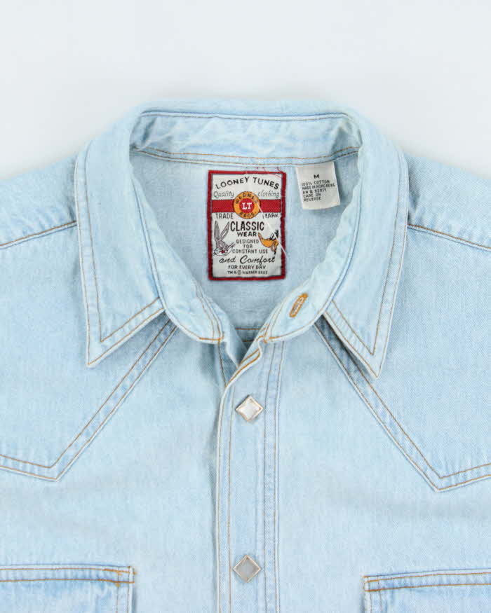 Vintage 1990s Warner Brothers Looney Tunes Wild West Snap Button Denim Shirt - M