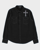 Vintage Y2K 00s Pop Icon Embroidered Striped Contrast Stitch Gothic Long Sleeve Shirt - L